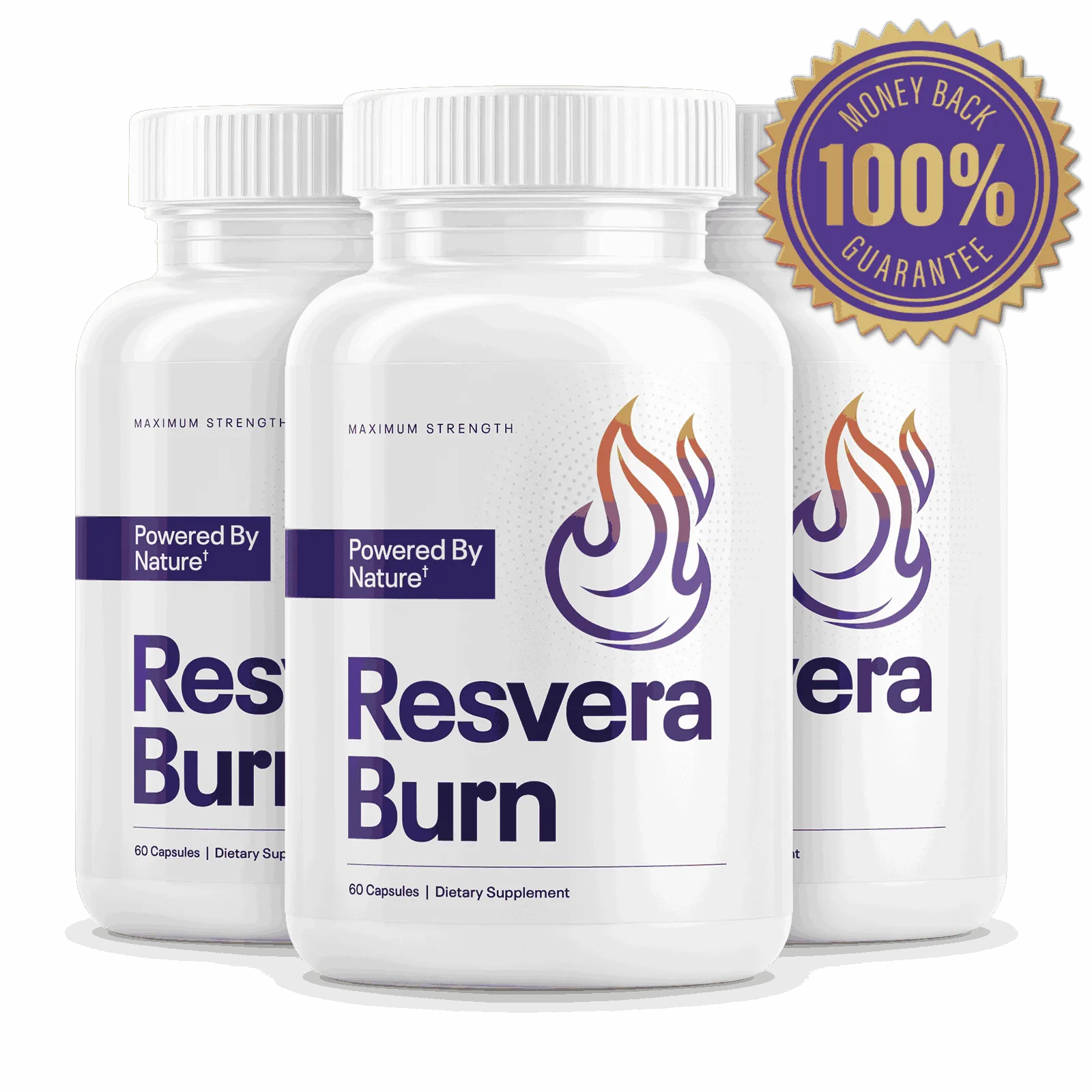 Resveraburn supplement bottles with 100% money-back guarantee seal